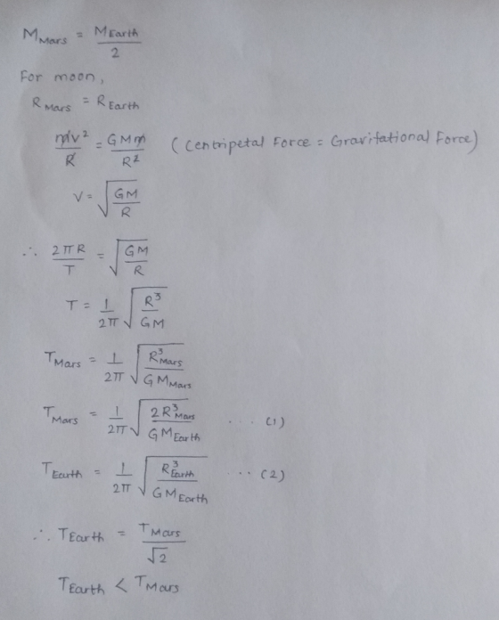 M Mars = MEarth For moon, Rmars = REarth nav² GMO (Centripetal Force = Gravitational Force) Rz 2TR T = 1 2TV GM Mars - R mars