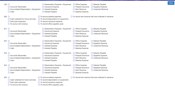 Print (19) O Accounts Receivable O Accumulated Depreciation Equipment O Cash Depreciation Expense-Equipment Insurance Expense