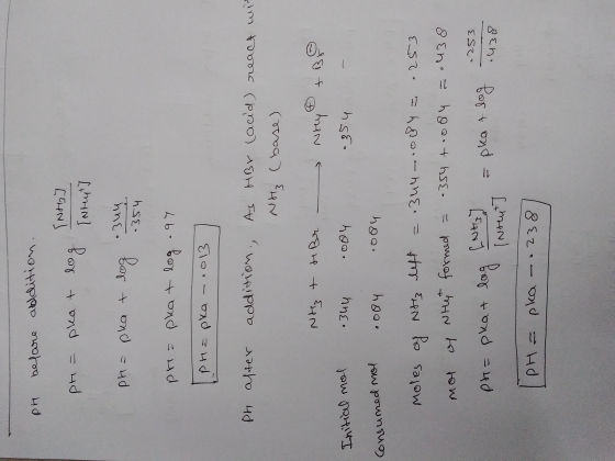 PH belare abdition. pre = plat log (NH3] intent] pH = pka + log 344 -354 pr: oka - Под -47 prepka - .0137 pH after addition,
