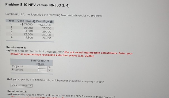 Problem 8-10 NPV versus IRR [LO 3, 4) Romboski, LLC, has identified the following two mutually exclusive projects: Year O 1 C