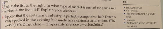 profit Look at the list to the right. In what type of market is each of the goods and ervices in the list sold? Explain your