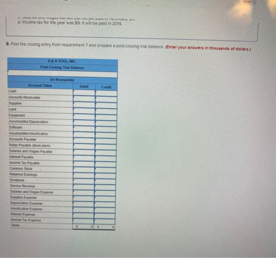 JULTE uyesu WUL ELUVULLiveu, . p Income tax for the year was $9. It will be paid in 2019. 3. Post the closing entry from requ