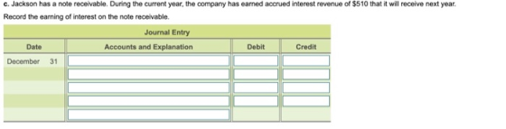 c. Jackson has a note receivable. During the current year, the company has earned accrued interest revenue of $510 that it wi