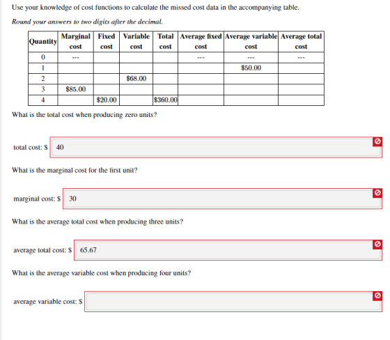 Use your knowledge of cost functions to calculate the missed cost data in the accompanying table. Round your answers to two d