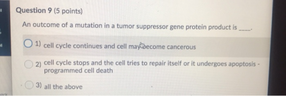 Question 9 (5 points) An outcome of a mutation in a tumor suppressor gene protein product is ___ 1) cell cycle continues and