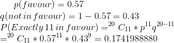 p(favour) = 0.57\\ q(not \,in \,favour) = 1-0.57 = 0.43\\ P(Exactly\,11\,in\,favour) = ^{20}C_{11} *p^{11}q^{20-11}\\ = ^{20}C_{11} *{0.57}^{11}*{0.43}^{9} = 0.1741988880