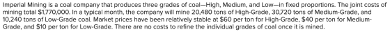 Imperial Mining is a coal company that produces three grades of coal-High, Medium, and Low-in fixed proportions. The joint co