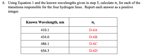 6. Using Equation 1 and the known wavelengths given in step 5, calculate n, for each of the transitions responsible for the four hydrogen lines. Report each answer as a positive integer. Known Wavelength, nm 410.1 434.0 486.1 656.3 ni D-6A D-6B D-6C D-6D