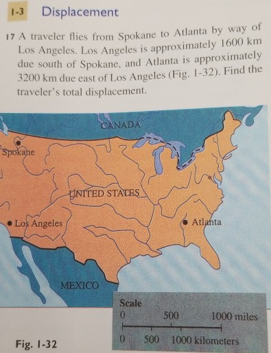 1-3 Displacement 17 A traveler flies from Spokane to Atlanta by way of os Angeles. Los Angeles is approximately 1600 km due south of Spokane, and Atlanta is approximately 3200 km due east of Los Angeles (Fig. 1-32). Find the travelers total displacement NADA Spok NITED STA Los Angeles Atlanta MEXICO Scale 500 1000 miles 05001000 kilometers Fig. 1-32