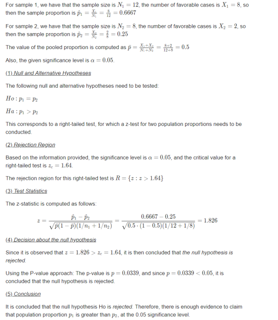 For sample 1, we have that the sample size is N1 = 12, the number of favorable cases is X1 = 8, so then the sample proportion