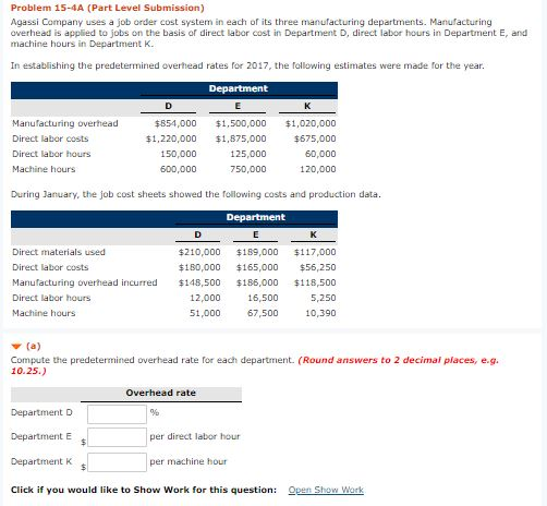 Problem 15-4A (Part Level Submission) Agassi Company uses a job order cost system in each of its three manufacturing departme