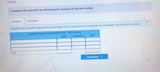 method Complete this question by entering your answers in the tabs below. Materials Conversion Calculate the assembly departm