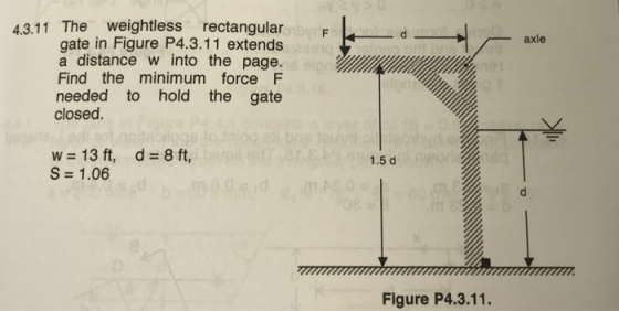43.11 The weightless rectangularb axle gate in Figure P4.3.11 extends a distance w into the page. Find the minimum force F needed to hold the gate closed w 13 ft, d 8 ft, S 1.06 1.5 d Figure P4.3.11.