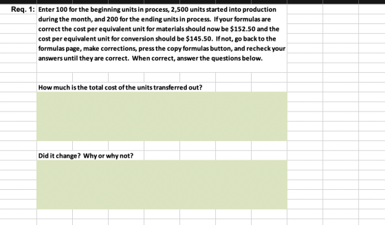 Req. 1: Enter 100 for the beginning units in process, 2,500 units started into production during the month, and 200 for the e