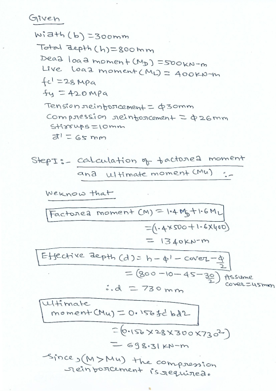 Given wiath (b)=300mm Total depth (h)=800mm Dead loa a moment (MD] =500KN-m Live loaa moment (ML) = 400KN-m fcl=28 Mpa fy = 4