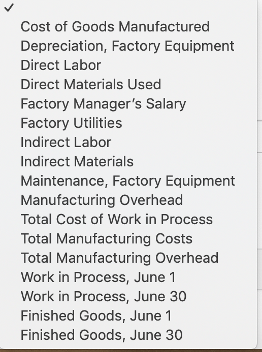 Cost of Goods Manufactured Depreciation, Factory Equipment Direct Labor Direct Materials Used Factory Managers Salary Factor