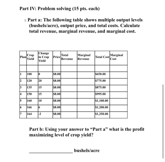 Part IV: Problem solving (15 pts. each) 1. Part a: The following table shows multiple output levels (bushels/acre), output pr