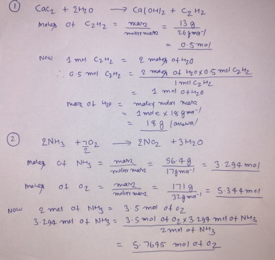 Cacz 2H20 7Ca(oH/2 + C2H2 139 26g mar Moler ot C242 molarma2 O.Smaj 14 mu C242 Now 2 ma ot HoxoSmel CzHz 1 mcl CzH 1 mol ofh2