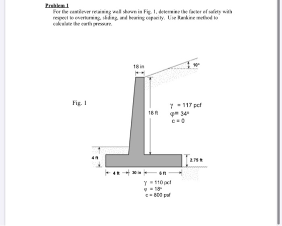 Problem 1 For the cantilever retaining wall shown in Fig. 1, determine the factor of safety with respect to overturning, slid