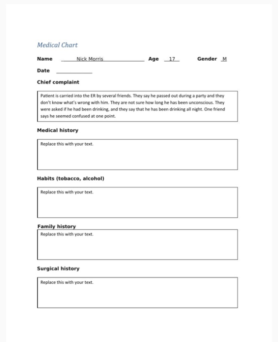 Medical Chart Name Nick Morris 12 Gender M Date Chief complaint Patient is carried into the ER by several friends. They say h
