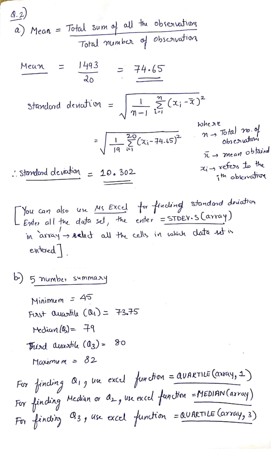 0.2) a Mean of Total sum all the observations Total number of observations Mean 1493 20 74.65 0) standard deviation I Ž (x; -