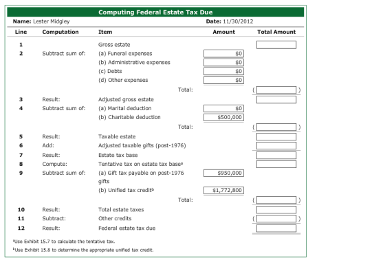 Name: Lester Midgley Line Computation Computing Federal Estate Tax Due Date: 11/30/2012 Item Amount Total Amount 1 Subtract s
