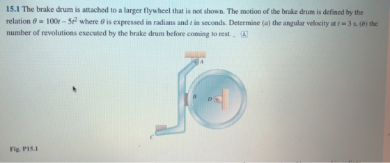 15.1 The brake drum is attached to a larger flywheel that is not shown. The motion of the brake drum is defined by the relati