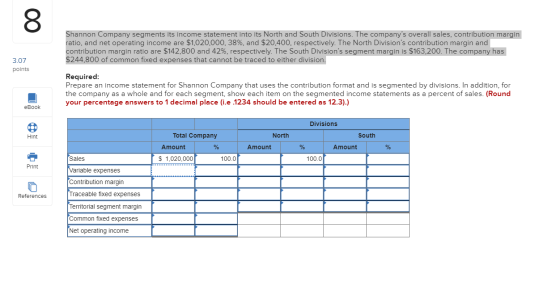 Shannon Company segments its income statement into its North and South Divisions. The companys overall sales, contribution m