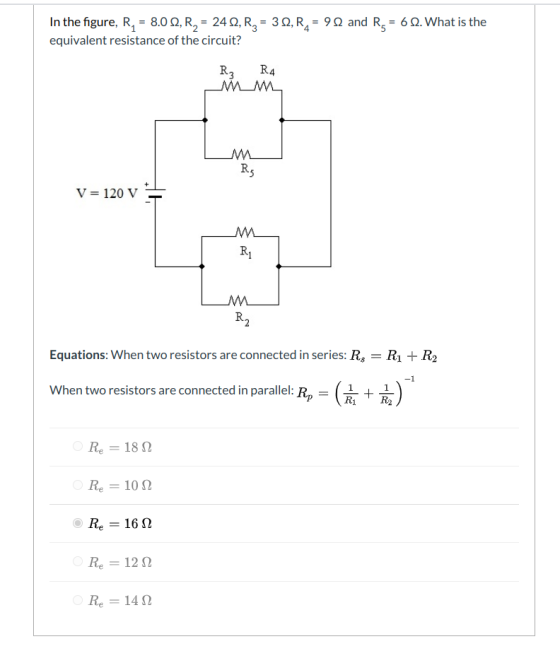 In the figure, R4 = 8.0 82, R2 = 24 12, R2 = 3 12, R2 = 91 and Rs = 6 2. What is the equivalent resistance of the circuit? R