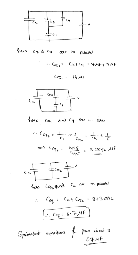 tulo here c3 & cu are in parallel . . Cee, = Catc4 = 7.4f+7 4F Се = 14 4 here cer, and ca are in series centteri tutt => Ceny