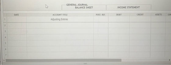 GENERAL JOURNAL BALANCE SHEET INCOME STATEMENT POST. REF. DEBIT CREDIT ASSETS LIA ACCOUNT TITLE Adjusting Entries