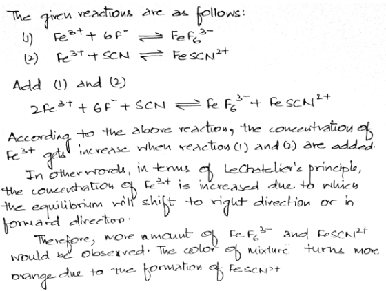 veactious are as ollows Fef3 Fe sCNt The Feat+ bF fe3tt SCN Add and 3- e F+ Fe SCN2 + GF SCN 2fet tothe aloove veaction, the