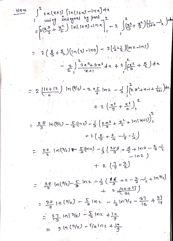 VIROL: p2 I 2x(x+1) lin (147] -Inn]dx using integral by part 2 2 sfile to me) in 14 23-ima] -2 524 59 ks +)4 = 2($+)(in (0) -