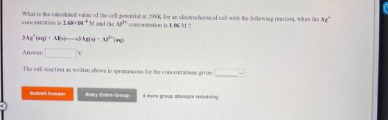 What is the calculated value of the cell potential at 298K for an electrochemical cell with the following reaction, when the
