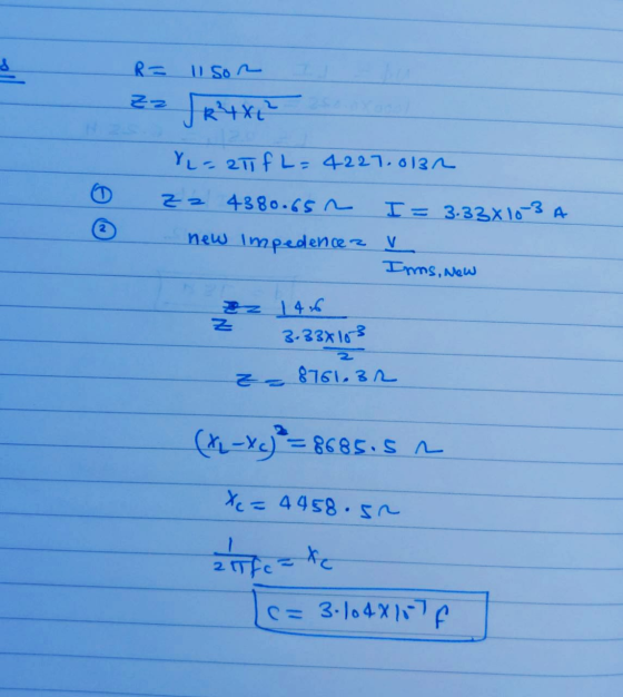 R = lisor Z2 JR 4X2 YL=2TF L=4227.0132 © Zz 4380.65 I = 3.33x10 3 A new impedence v Inns, New Iz 14.6 3.33% 103 z = 8761.BR (