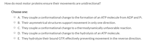 How do most motor proteins ensure their movements are unidirectional? O Choose one: O A. They couple a conformational change
