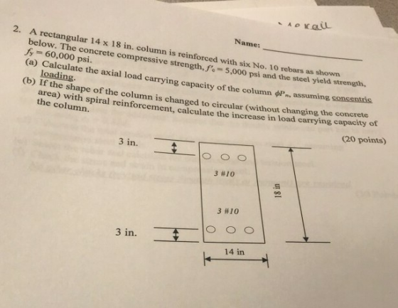 Name: 2. A rectangular 14 x 18 in. column is reinforced with six No. 1 below. The concrete compressive strength, 5,000 psi 0