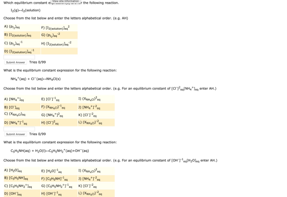 + View site information the coll. Which equilibrium constant e.View Sit or the following reaction. 12(9)-I(solution) Choose f