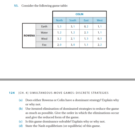 S5. Consider the following game table: COLIN North South East West Earth 1,3 3,1 0,2 1,1 Water 1,2 1,2 2,3 1,1 ROWENA Wind 3,
