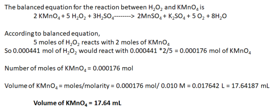 The balanced equation for the reaction between H202 and KMnO4 is 2 KMnO4 5 H202 +3H2SO4-- ---> 2MnSO4+ K2SO45 02+8H20 Accordi