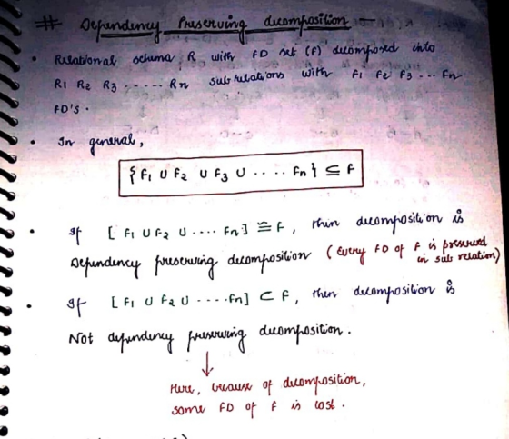# Dependency Preserving ducomposition - to set (f) decomposed into Relational Schuma R with with R1 R2 R3 fi fe fg ...fr Sub