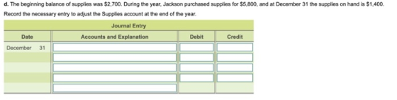 d. The beginning balance of supplies was $2,700. During the year, Jackson purchased supplies for $5,800, and at December 31 t