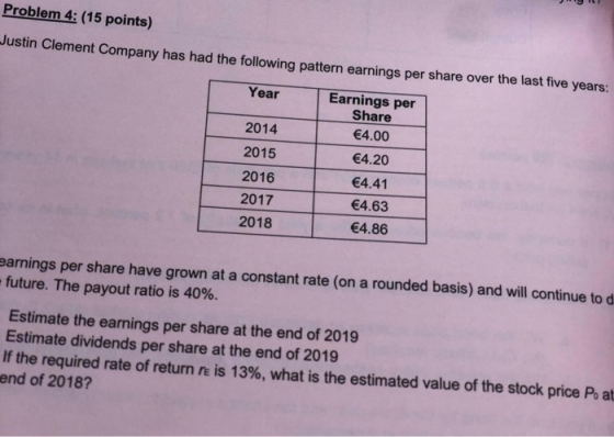 Problem 4:(15 points) Justin Clement Company has had the following pattern earnings per share over the last five years: Earnings per Share Year 2014 4.00 20154.20 2016 2017 2018 4.41 4.63 4.86 earnings per share have grown at a constant rate (on a rounded basis) and will continue to d future. The payout ratio is 40%. Estimate the earnings per share at the end of 2019 Estimate dividends per share at the end of 2019 If the required rate of return is 13%, what is the estimated value of the stock price Po at end of 2018?