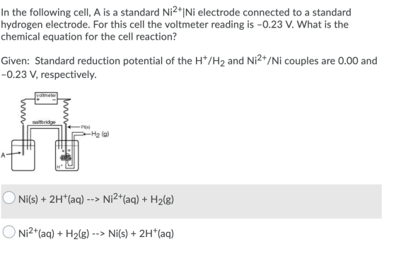 In the following cell, A is a standard Ni2+1 Ni electrode connected to a standard hydrogen electrode. For this cell the voltm