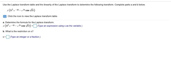 Use the Laplace transform table and the linearity of the Laplace transform to determine the following transform. Complete par