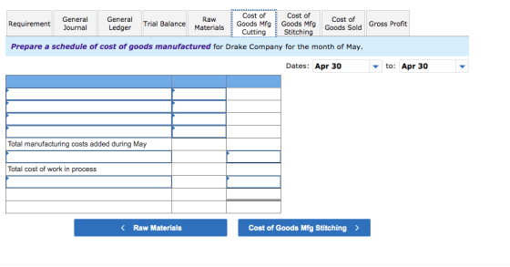 Gross Profit Cost of Cost of General General Raw Cost of Requirement Trial Balance Journal Goods Mfg Goods Mfg Ledger Materia