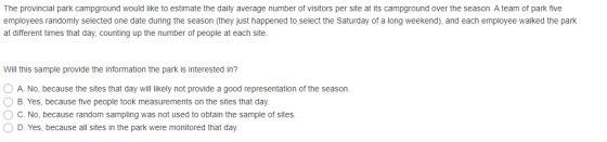 The provincial park campground would like to estimate the daily average number of visitors per site at its campground over th
