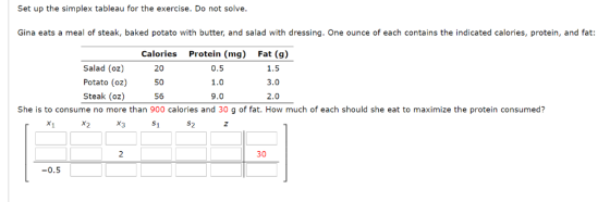 Set up the simplex tableau for the exercise. Do not solve. Gina eats a meal of steak, baked potato with butter, and salad wit