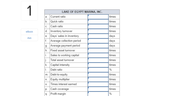 times times eBook Ask times times days days days times LAKE OF EGYPT MARINA, INC. a. Current ratio Quick ratio C. Cash ratio
