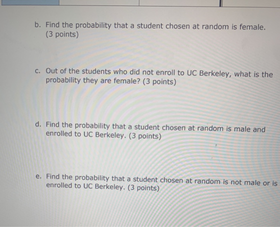 b. Find the probability that a student chosen at random is female. (3 points) C. Out of the students who did not enroll to UC